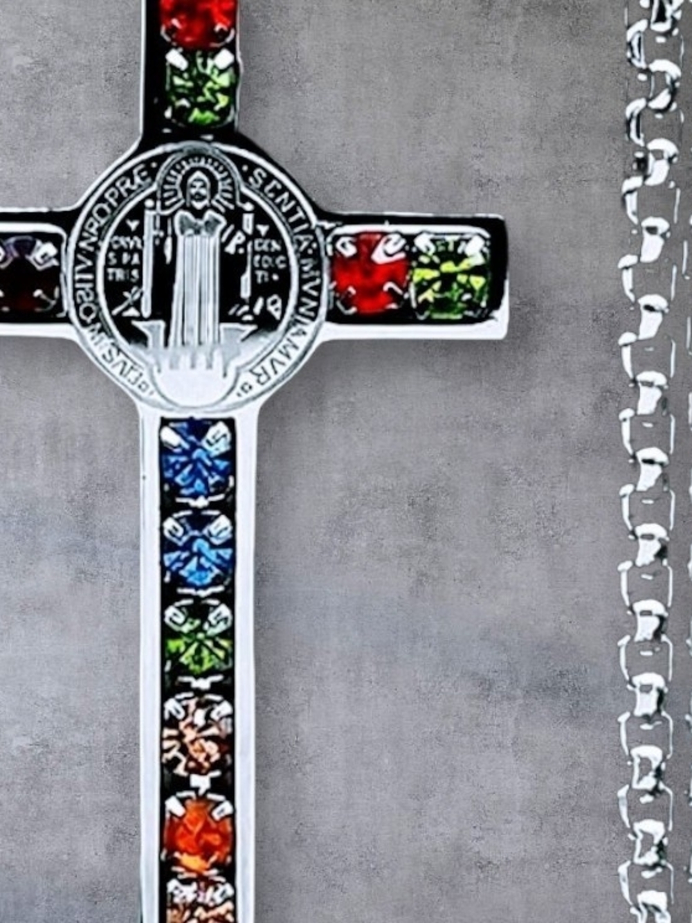 Religious Cross Stainless Steel Necklace Colored Stones Chain Size 23.6 inches